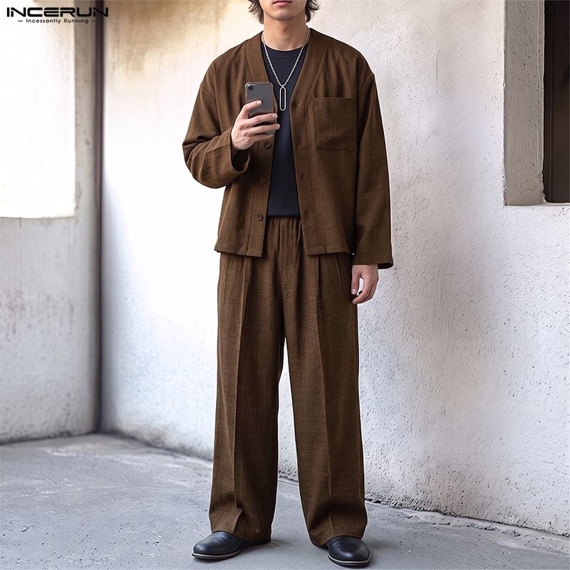 Wallpaper - INCERUN Men Sets Solid Color Loose