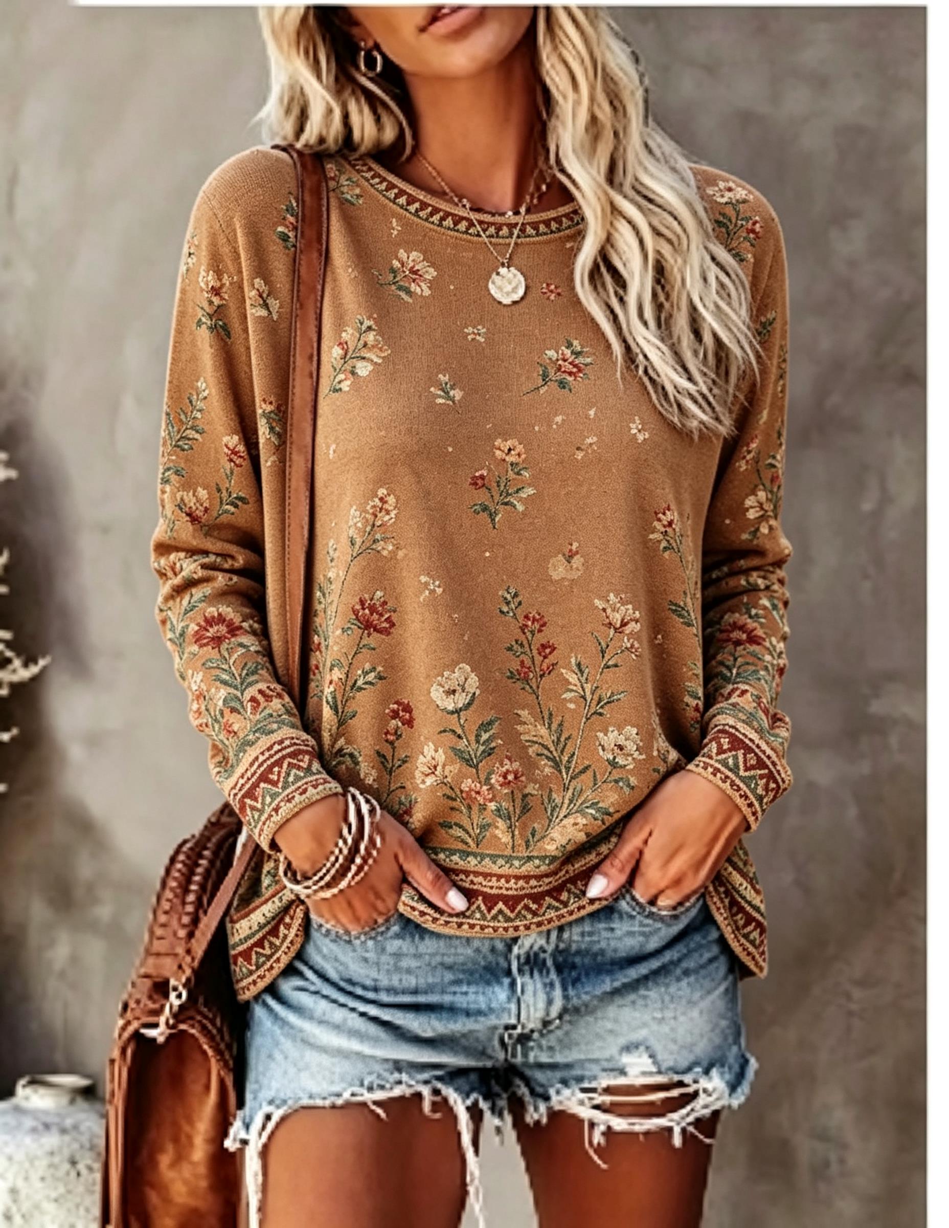Women Crew Neck Long Sleeve T‑ - Wallpaper ulasan dan harga